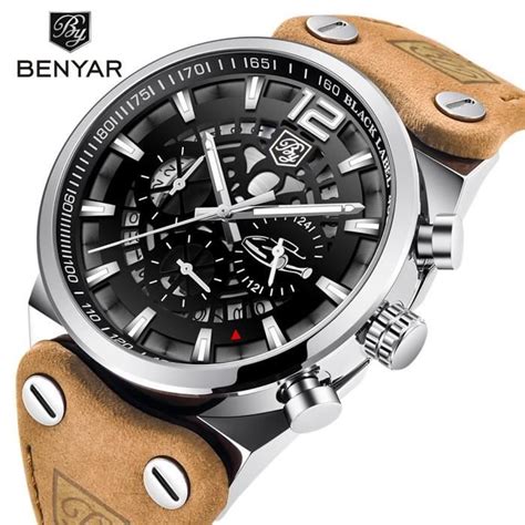 Montre Chronographe Militaire Pour Homme Benyar Type Black Silver