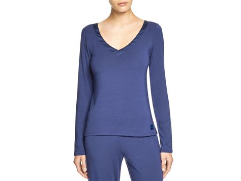 Calvin Klein Satin Essentials Long Sleeve V Neck Pajama Top In Blue Lyst