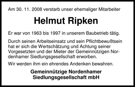 Traueranzeigen Von Helmut Ripken Nordwest Trauer De