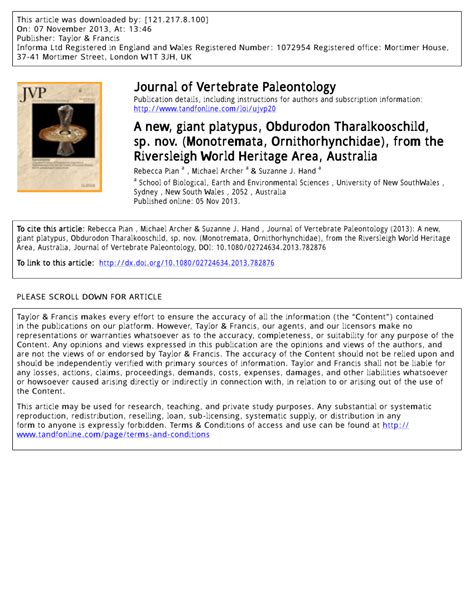 Pdf A New Giant Platypus Obdurodon Tharalkooschild Sp Nov