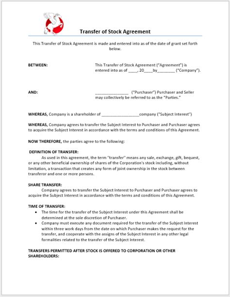 Transfer Of Stock Agreement Template