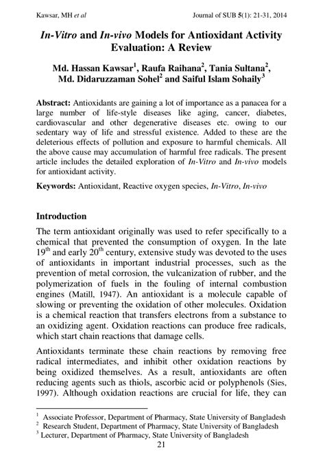 Pdf In Vitro And In Vivo Models For Antioxidant Activity Evaluation