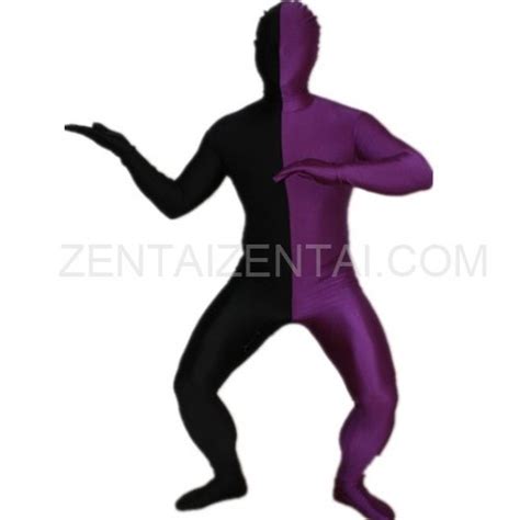 Purple And Black Fullbody Full Body Lycra Spandex Morph Zentai Suits Split Morph Zentai Suit