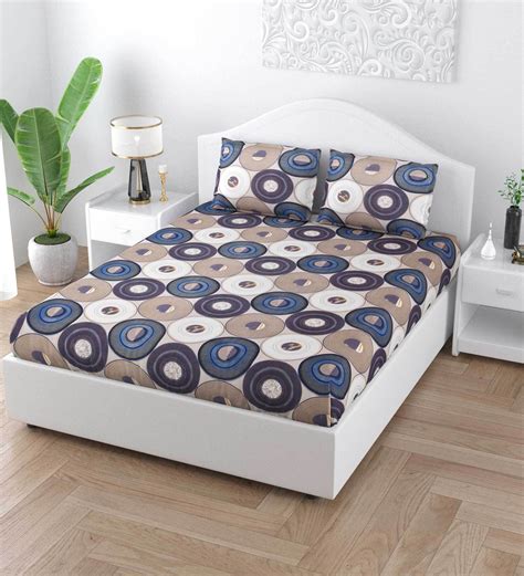 Buy Blue Geometric Tc Cotton King Sized Bed Sheets With Pillow