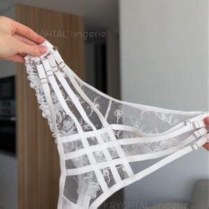 White Lace Mesh Lingerie Set Custom Bridal Underwear With Garter Belt