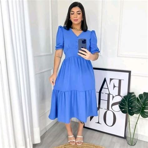 Vestido Midi Liso Azul Beb Moda Evang Lica Shopee Brasil