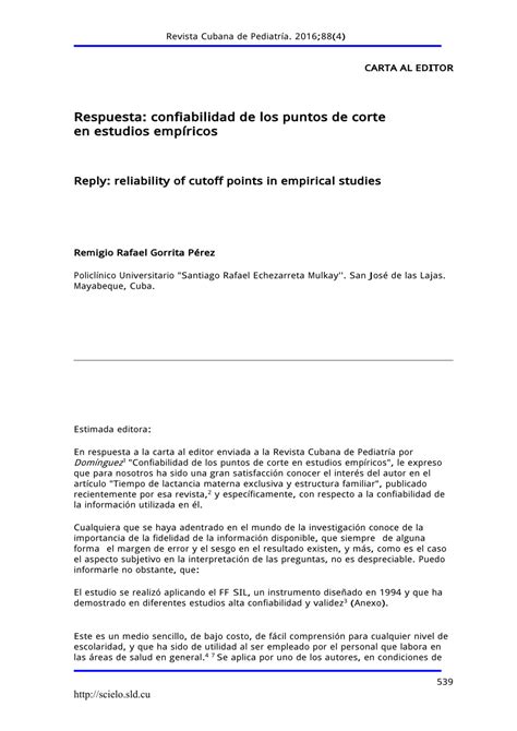 Pdf Respuesta Confiabilidad De Los Puntos De Corte En Estudios Emp Ricos