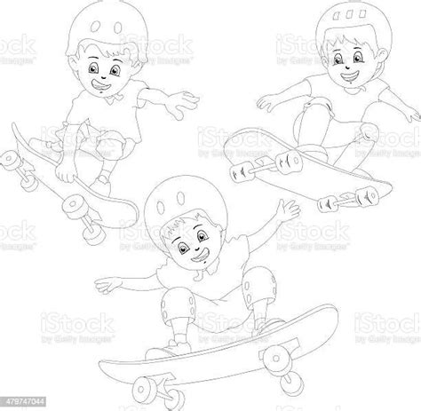 Cartoon Skater Boys Flying Through The Air Drawing Style Stock