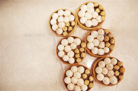 French Aesthetic Hazelnut Creamy Tarts In The Row Vintage Background