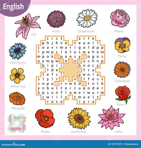 Word Search Puzzle. Cartoon Set Of Flowers. Education Game For Children. Vector Colour Worksheet ...