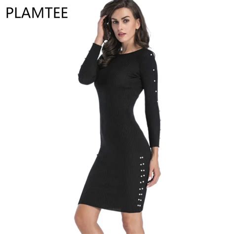 Plamtee Sexy Women Black Midi Dress Slim Bodycon Basic Knee Length