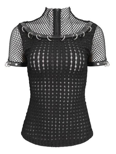 Devil Fashion Black Gothic Punk O Ring Decor Fishnet Short Sleeve T