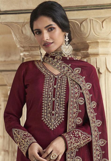 Buy Embroidered Art Silk Pakistani Suit In Maroon Online Kch