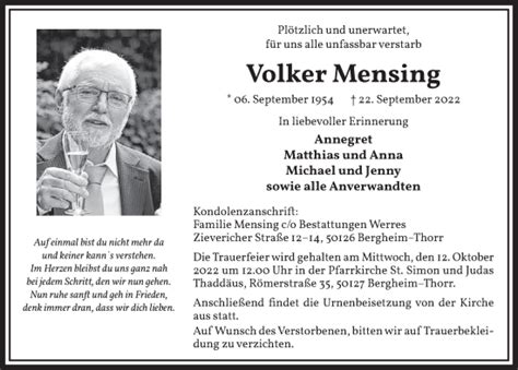 Traueranzeigen Von Volker Mensing WirTrauern