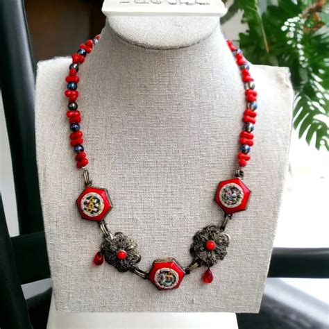 Antique 1920s Micro Mosaic Necklace Flower Red Bead Handmade 18 Italy £13850 Picclick Uk