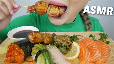 Asmr Sushi Baked Scallop Bacon Salmon Sashimi Spicy Cones And Gomae No Talking Eating Sounds