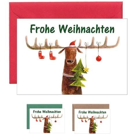 10x Mini Grußkarte Weihnachten Elch verschiedene Umschlagfarben