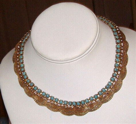 Vintage Signed Hobe Gold Mesh Choker Necklace W Turquoise Stones