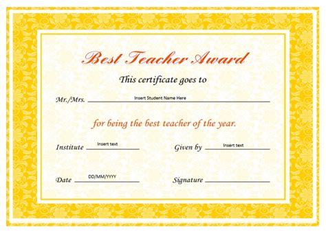 10 Best Teacher Certificate Templates Free Word And Pdf For Best