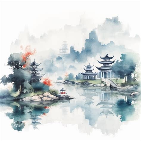 简洁大气古风中国风水墨山水风景插画