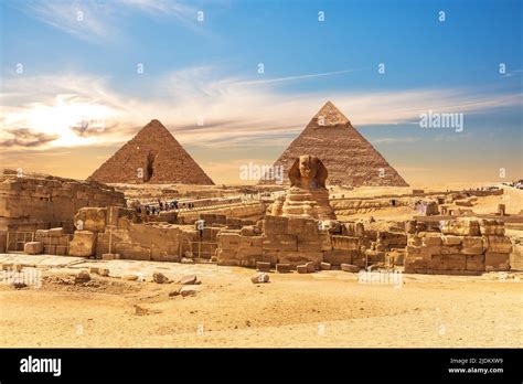 great sphinx   pyramids  egypt sunset view giza stock