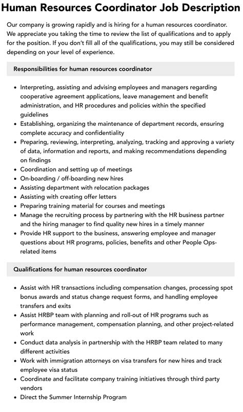 Human Resources Coordinator Job Description Velvet Jobs