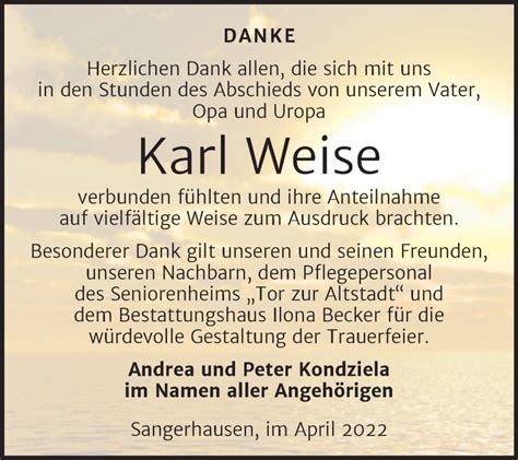 Traueranzeigen Von Karl Weise Abschied Nehmen De