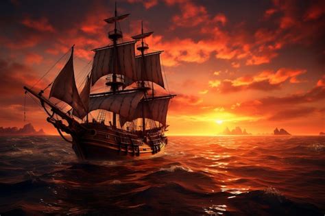 Premium AI Image A Majestic Pirate Ship Sailing The Ocean At Sunset