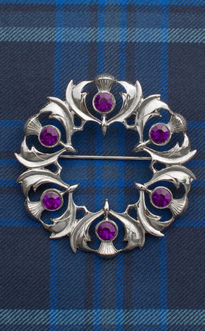 Jewelled Scottish Thistles Plaid Brooch Clan