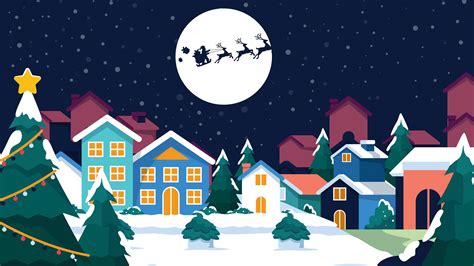 Houses Christmas Trees Santa Claus Reindeer Moon Sky Background Hd Christmas Wallpapers Hd