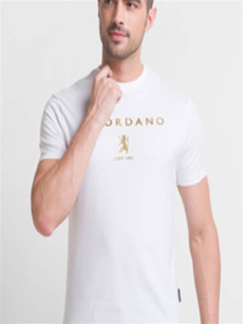 Buy GIORDANO Men White Typography Printed Applique Slim Fit T Shirt ...