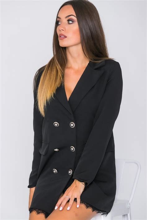 Cinelle Paris Robe Blazer D Tails Dentelle Bouton Officier Noir Robe