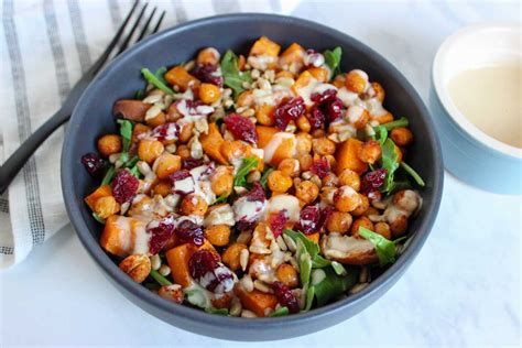 Roasted Chickpea And Sweet Potato Salad With Tahini Dressing