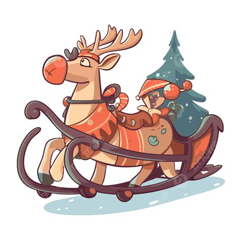 Cartoon Reindeer On Sleigh And Cartoon Christmas Tree With Sled With ...