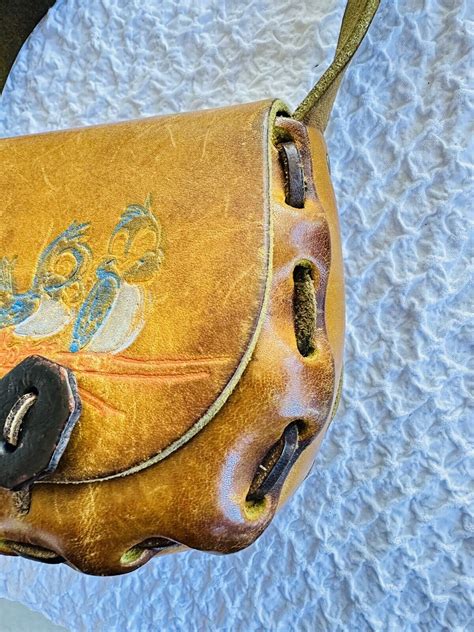 Vintage Tooled Leather Saddlebag Blue Bird Design Sho Gem