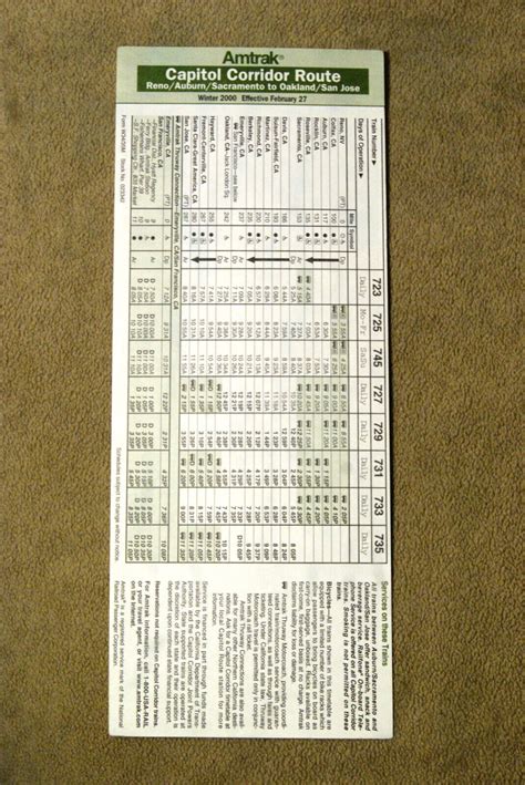 Amtrak - Capitol Corridor Route - Timetable Card - Winter 2000