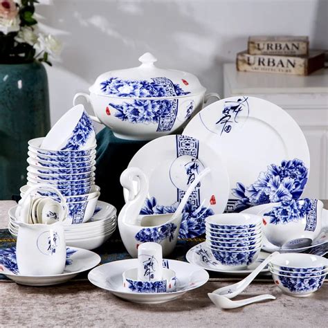 60pcs Traditional Chinese Style Jingdezhen Bone China Tableware Blue