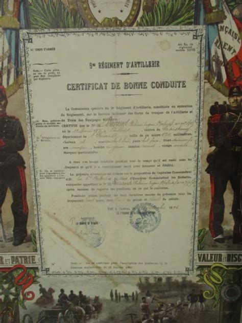 CERTIFICAT DE BONNE Conduite Militaire 9 Eme Regiment D Artillerie 1893