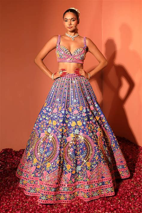 Buy Blue Dupion Silk Embroidered Mirror Floral Bridal Lehenga Set For