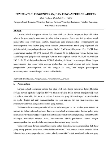 Laporan Pembuatan Pengenceran Dan Pencampuran Larutan Pdf