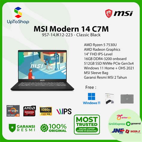 Jual MSI Modern 14 C7M 9S7 14JK12 223 Ryzen 5 7530U 16GB 512GB W11