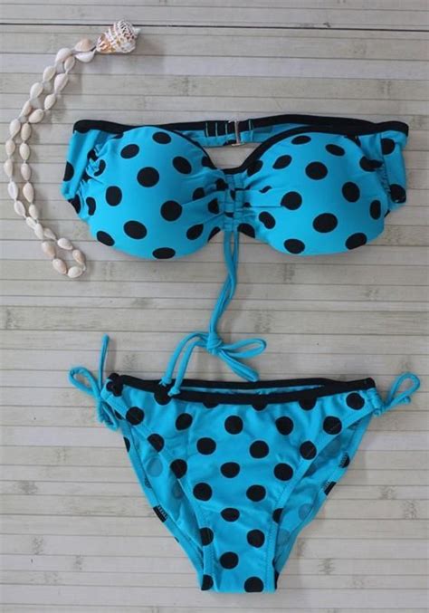 Blue Polka Dot Print 2 In 1 Bandeau Bikini Swimming Suit Blue Polka