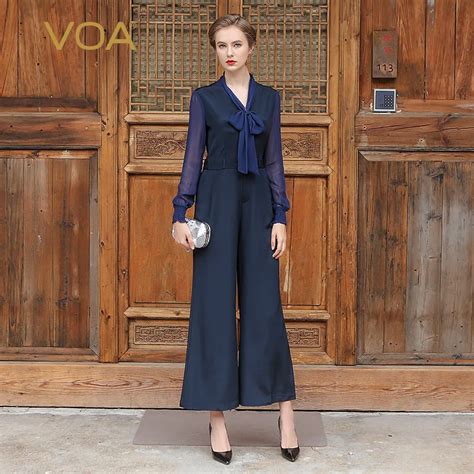 Voa Women Sexy Silk Jumpsuits Spring Summer Plus Size V Neck Elegant Pants Navy Blue Office