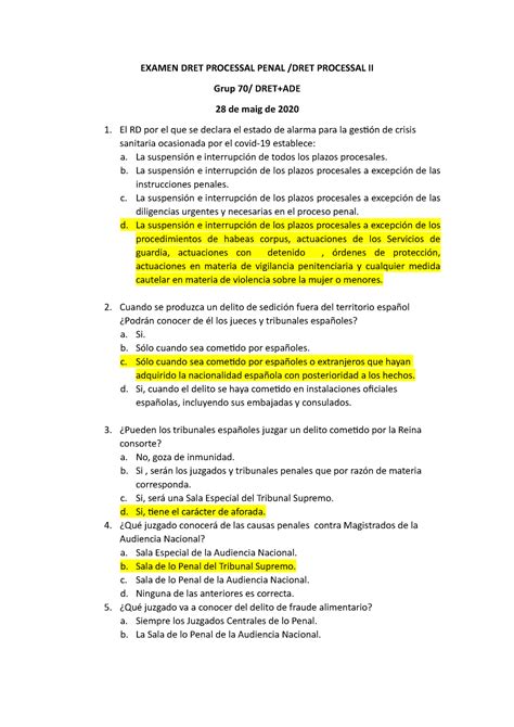 Examen 6 Juny 2020 Preguntes I Respostes EXAMEN DRET PROCESSAL PENAL