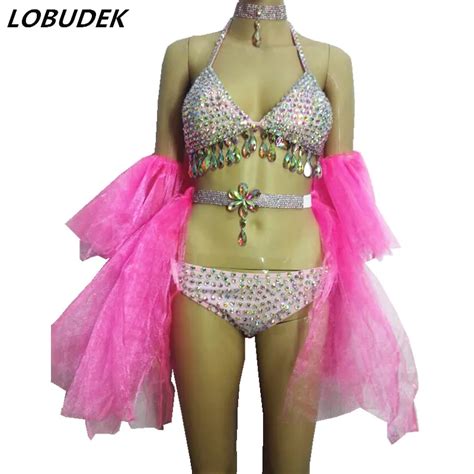 Female Crystals Costumes Pink Sexy Sparkly Rhine Stones Bikini Suit Bar