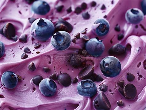 Blueberry Ice Cream With Blueberry And Chocolate Chips Close Up Food Photography Stock