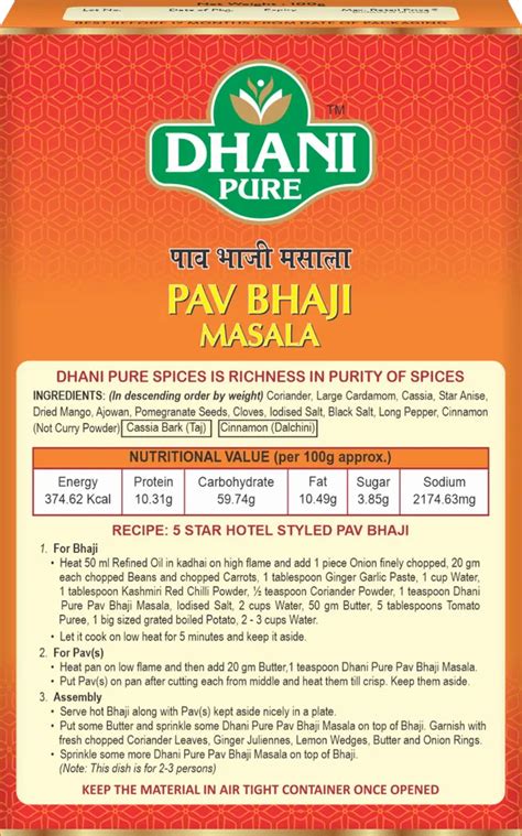 Dhani Pure Pav Bhaji Masala Packaging Size 100 G Packaging Type Box