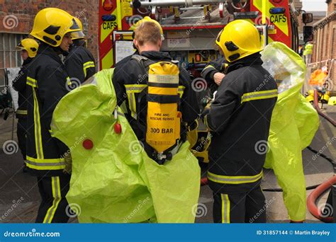 Firefighters In Breathing Apparatus Don Protective Suits Editorial