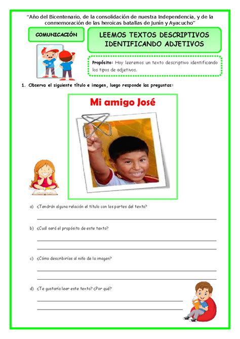 Ficha LUN Comun Leemos Textos Descriptivos Identificando Adjetivos