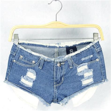 2015 Sexy Mini Denim Shorts Women Low Rise Tassel Hem Holes Pockets